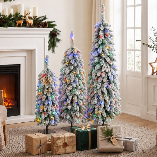 Set of 3 pre-lit snowy pencil trees, multi-colour – image 2