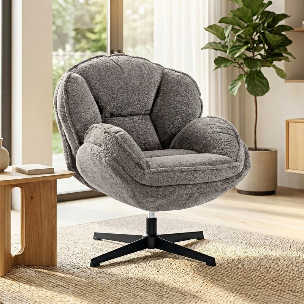 Modern Wingback Accent Chair, Velvet Armchair with Four-Star Base, S-Springs, Swivel, Grey
