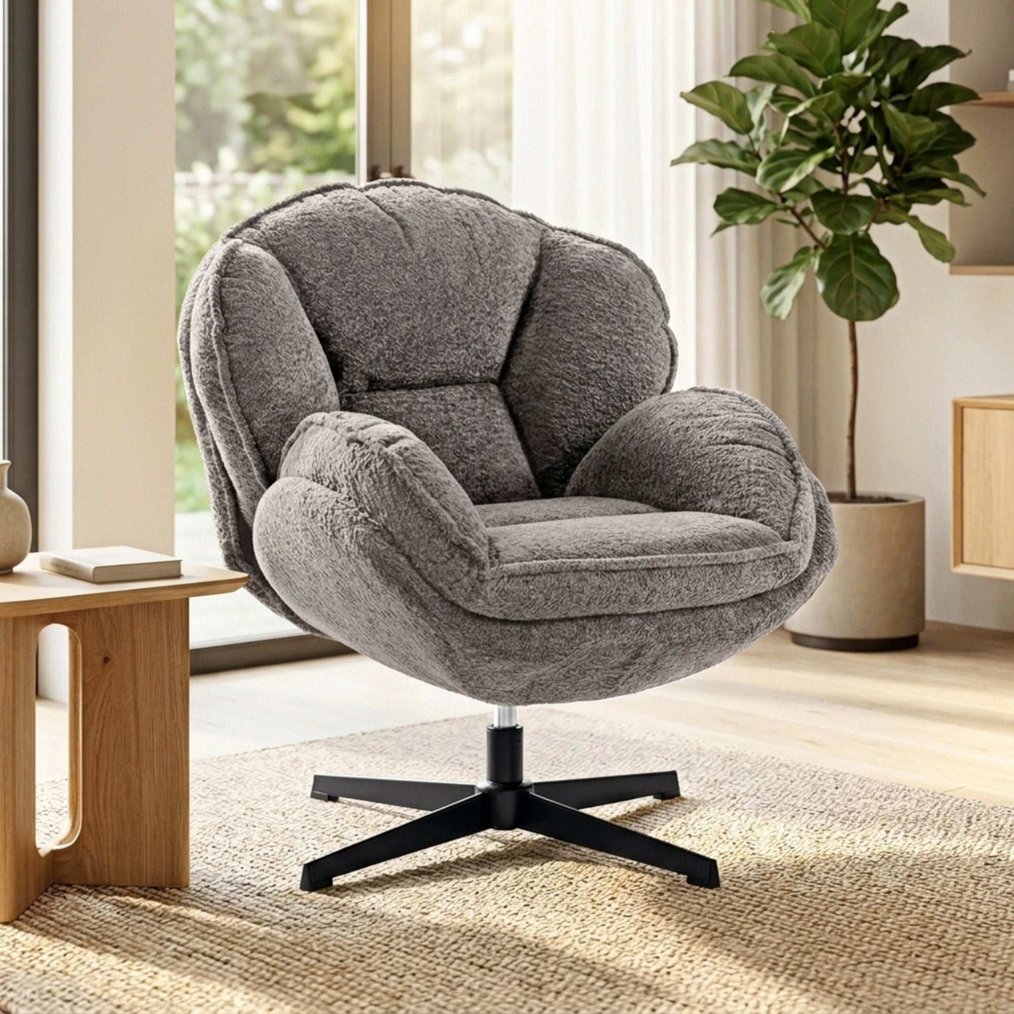 Modern Wingback Accent Chair, Velvet Armchair with Four-Star Base, S-Springs, Swivel, Grey