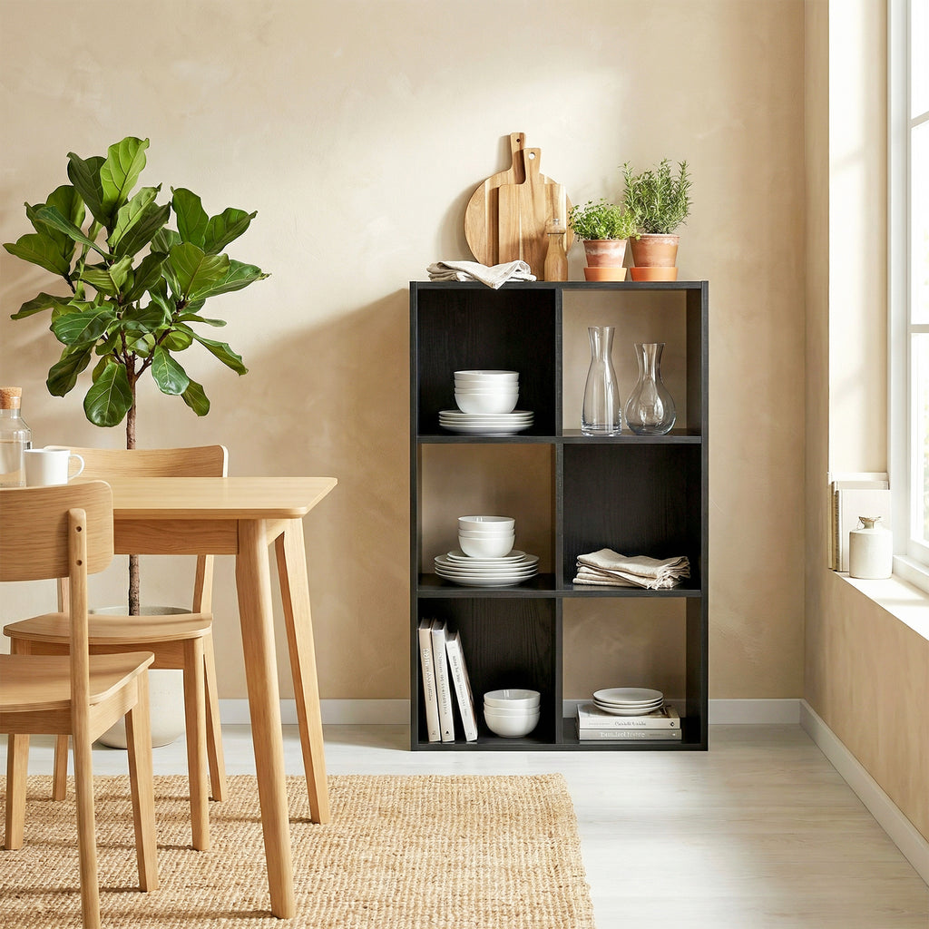 Industrial Style Storage Shelf, Bookcase, Bookshelf with 6 Compartments, for Living Room, Home Study, Black Wood Effect
