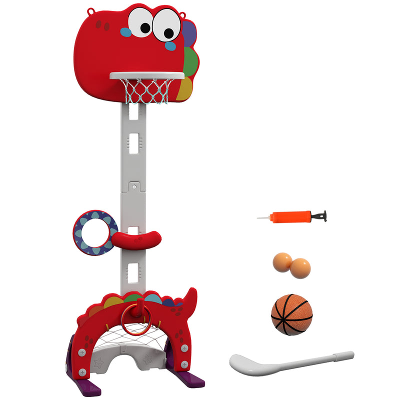 Red dinosaur-themed kids basketball stand with adjustable hoop, football goal, golf club and rings