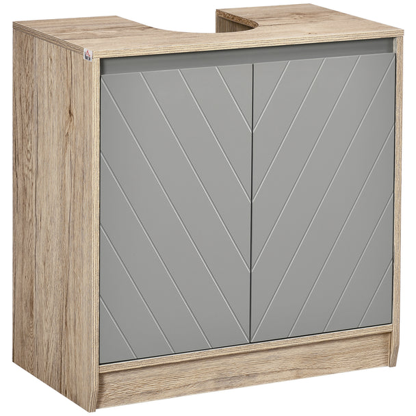 Grey and oak-effect under sink cabinet with two doors and pipe cut-out beneath a pedestal basin