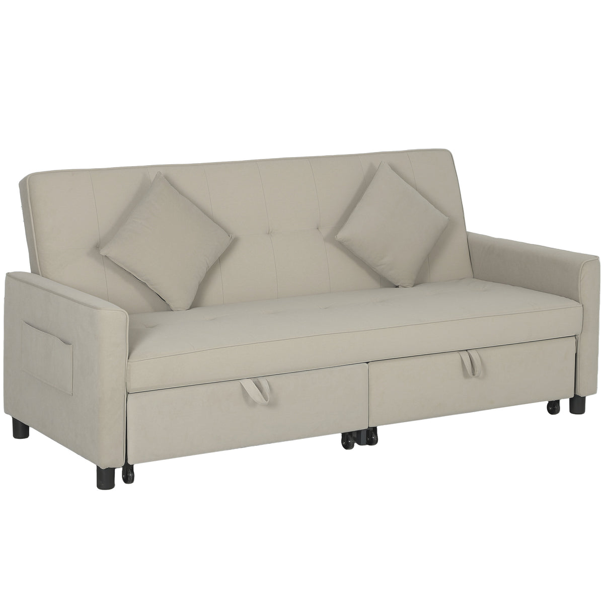 196 cm Velvet 3-Seater Pull-Out Sofa Bed – Beige