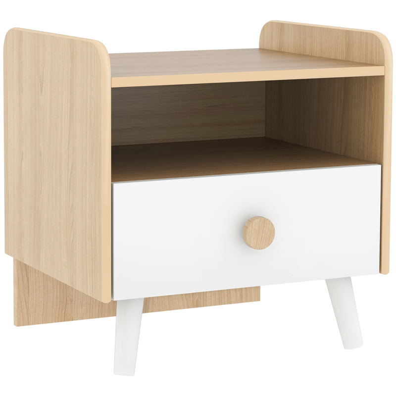 Kids bedside table in white and natural wood with drawer, open shelf and pine legs