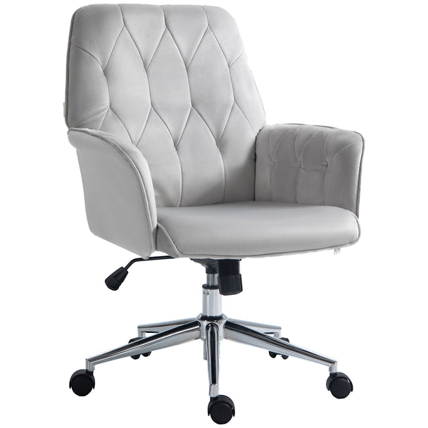 Light grey velvet-feel office chair with button-tufted back, padded armrests and chrome five-wheel swivel base