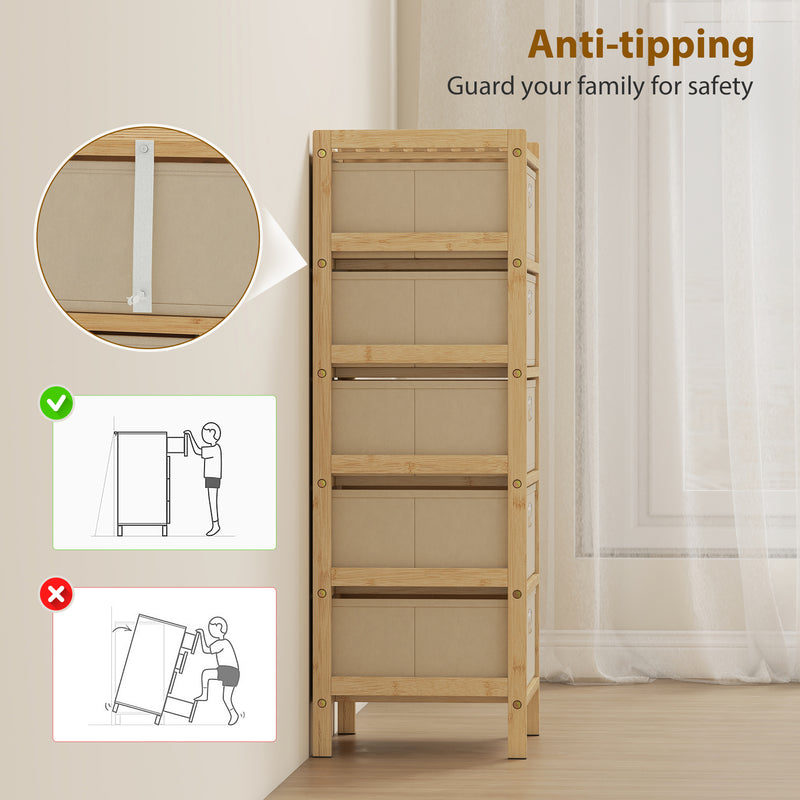 HOMCOM Chest of Drawers, 5 Fabric Drawers Narrow Dresser with Bamboo Frame, Cream White – view 8