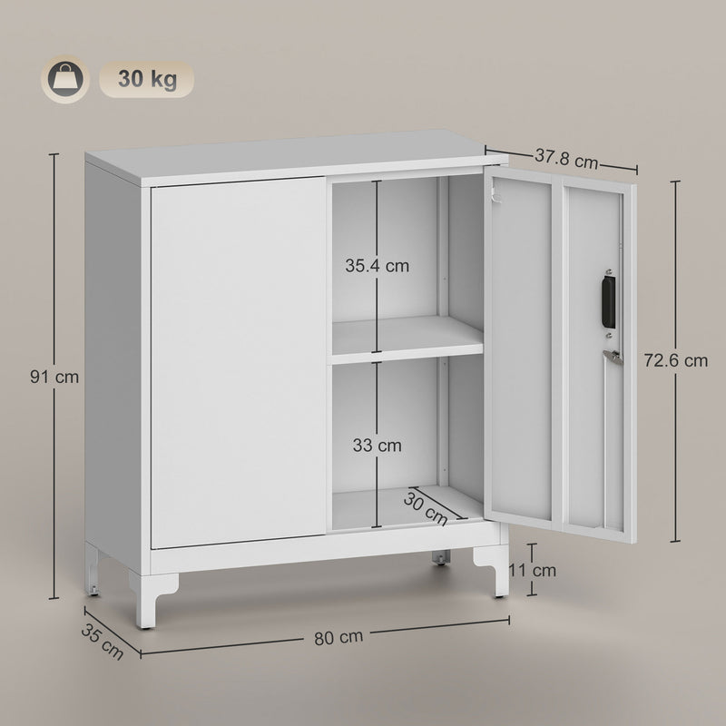 HOMCOM Lockable Metal Filing Cabinet, 2-Tier Storage Cupboard with Double Doors, Modern Office Organiser, White – view 3