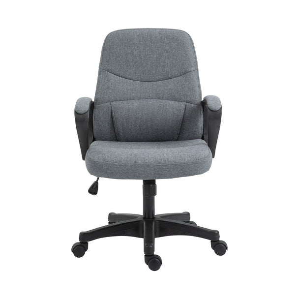Grey linen-look mid-back desk chair with massage lumbar support, armrests and five wheels