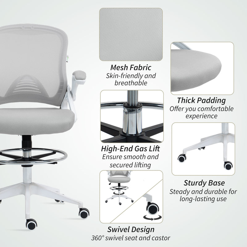 Vinsetto Drafting Chair with Flip-up Armrest, Mesh Office Stool with Foot Ring, 360 Degree Swivel Height Adjustable – view 7