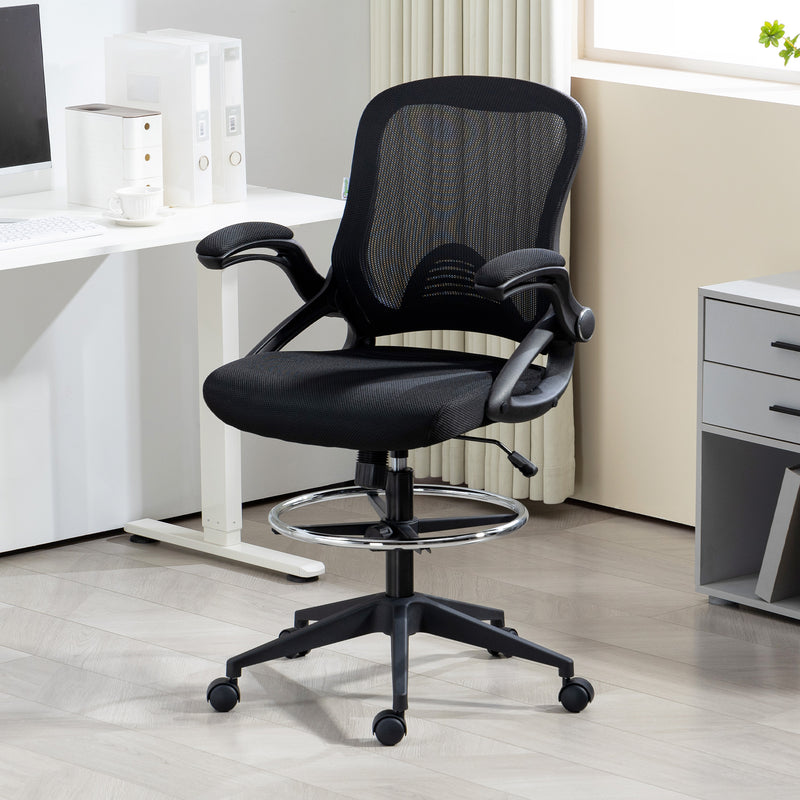 Vinsetto Drafting Chair with Flip-up Armrest, Mesh Office Stool with Foot Ring, 360 Degree Swivel Height Adjustable – view 2