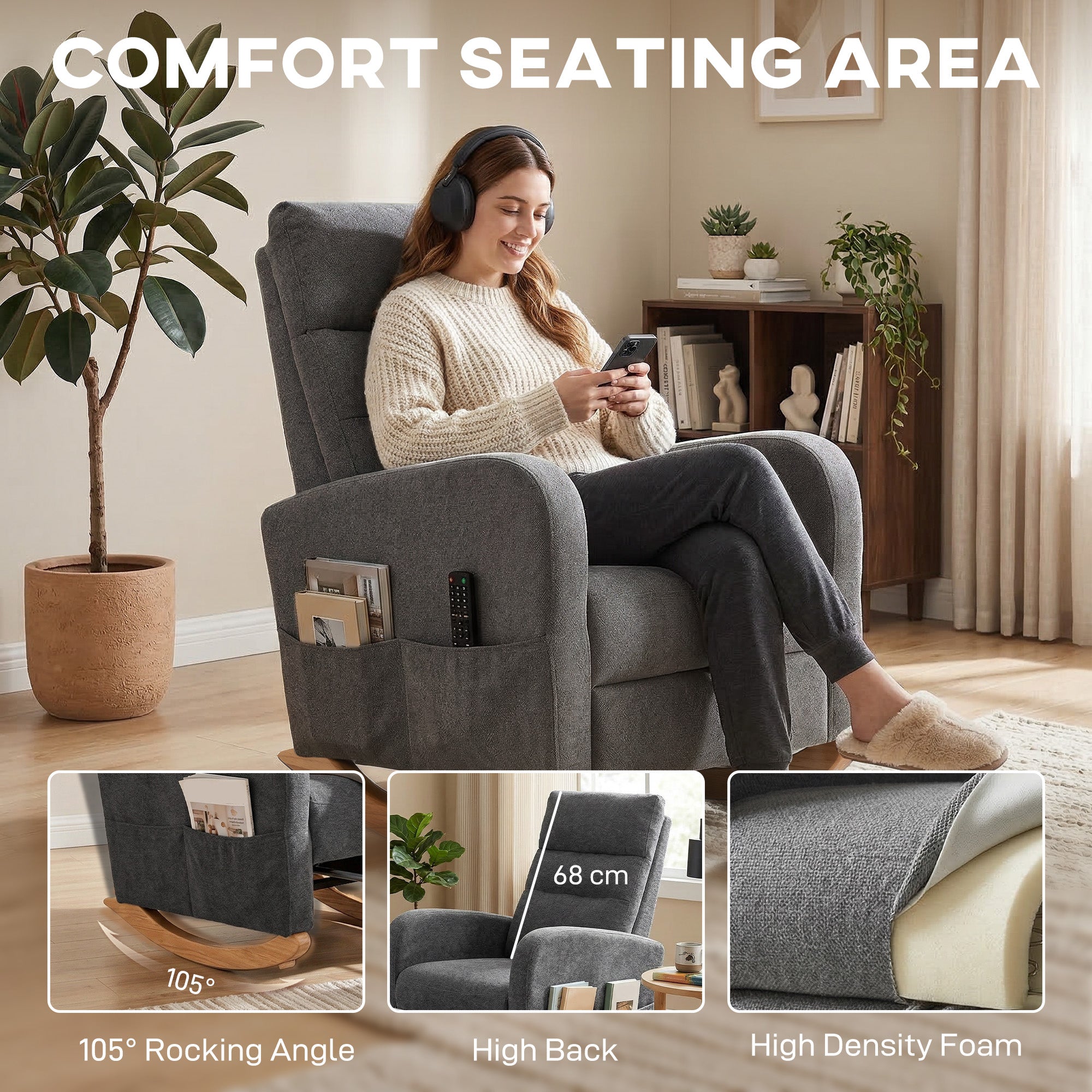 Upholstered Rocking Chair Retractable Footrest Rocker Chair High Back for Living Room Grey