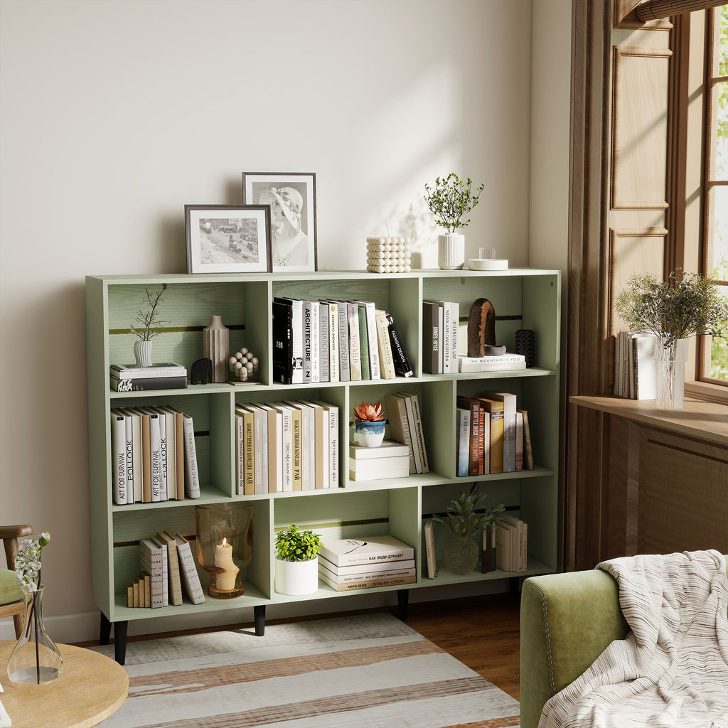 10-Cube Bookcase, 3-Tier Book Shelf with Solid Wood Legs, 140 cm Modern Bookshelf with Anti-Tip Kit, Light Green