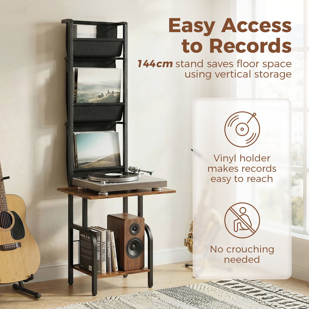 Vinyl Record Player Stand Record Storage with Player Stand Oxford Fabric Pockets Bottom Shelf Rustic Brown and Black