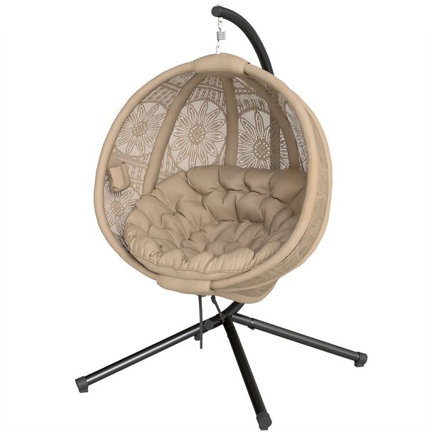 Sand round hanging egg chair with black steel X-leg stand and padded cushion