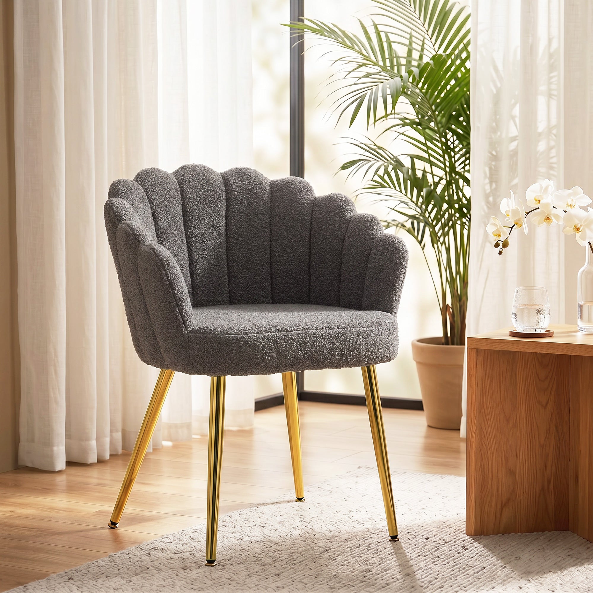 Lounge Chair Petal-Back Armchair Metal Metal Legs for Living Room Bedroom, Grey