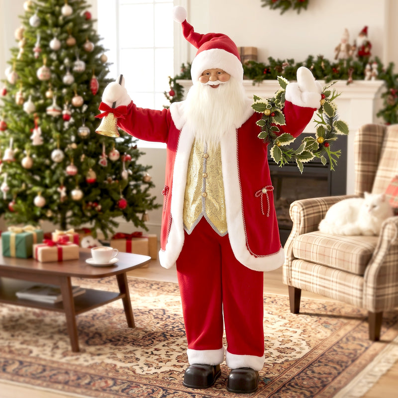 5ft Singing Santa beside a decorated Christmas tree