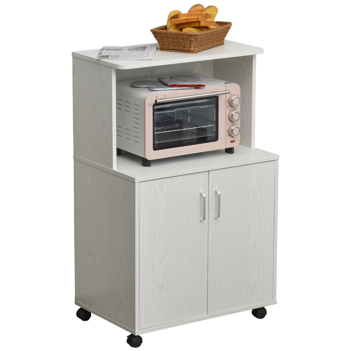 HOMCOM Kitchen Storage Unit, Modern Microwave Stand Trolley Cart, Sideboard with Cabinet,  Locking Wheels, Shelf for Living Room, Dining Room, White