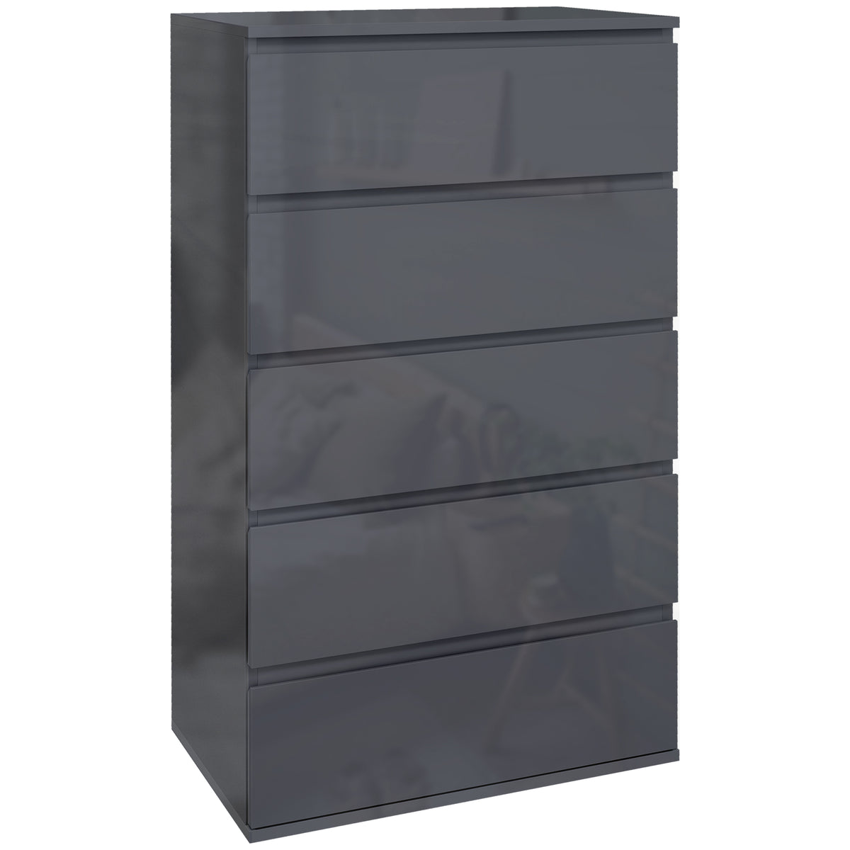 Tall grey high gloss 5-drawer chest of drawers with handle-free fronts
