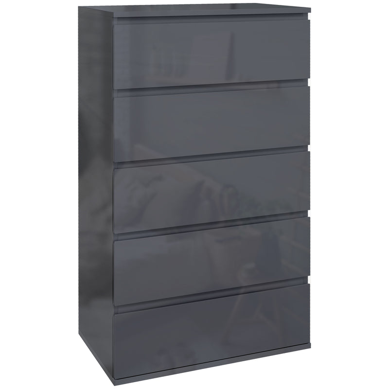 Tall grey high gloss 5-drawer chest of drawers with handle-free fronts