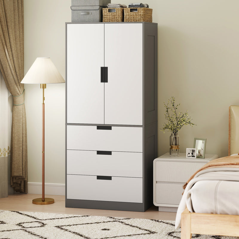 HOMCOM Modern Clothes Storage Cupboard Unit, 3 Drawer 2 Door Wardrobe with Hanging Rod, Grey – view 8