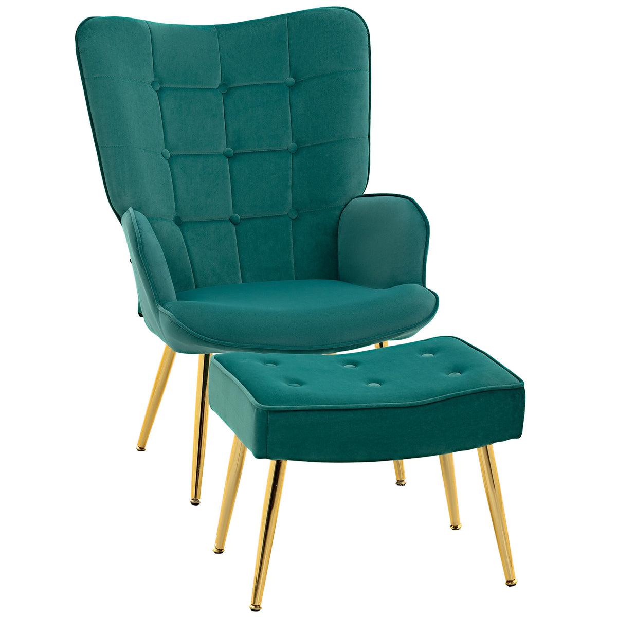 Velvet Wingback Armchair & Footstool Set – Dark Green