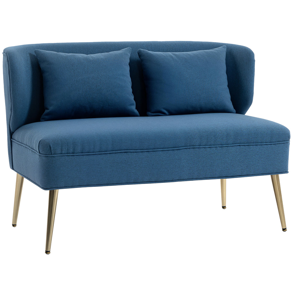 2 Seater Sofa, Linen-look Fabric Small Sofa with Wing Back, Thick Seat, Metal Legs, Dark Blue