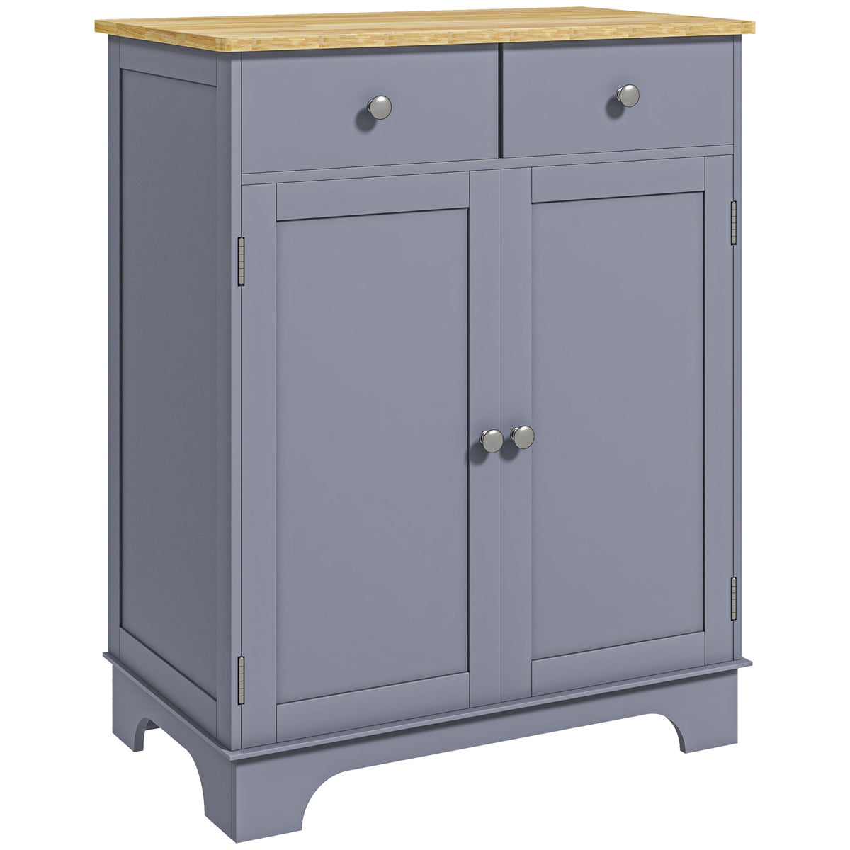 Grey kitchen floor cabinet with solid oak-tone wood top, two drawers and cupboard