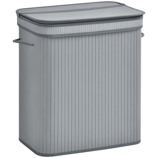 Grey 100L foldable natural wood laundry basket with flip lid, rope handles and removable lining
