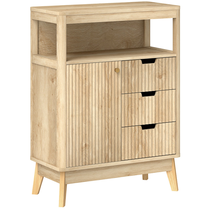 Natural wood-effect small sideboard with fluted panels, three drawers and open shelf