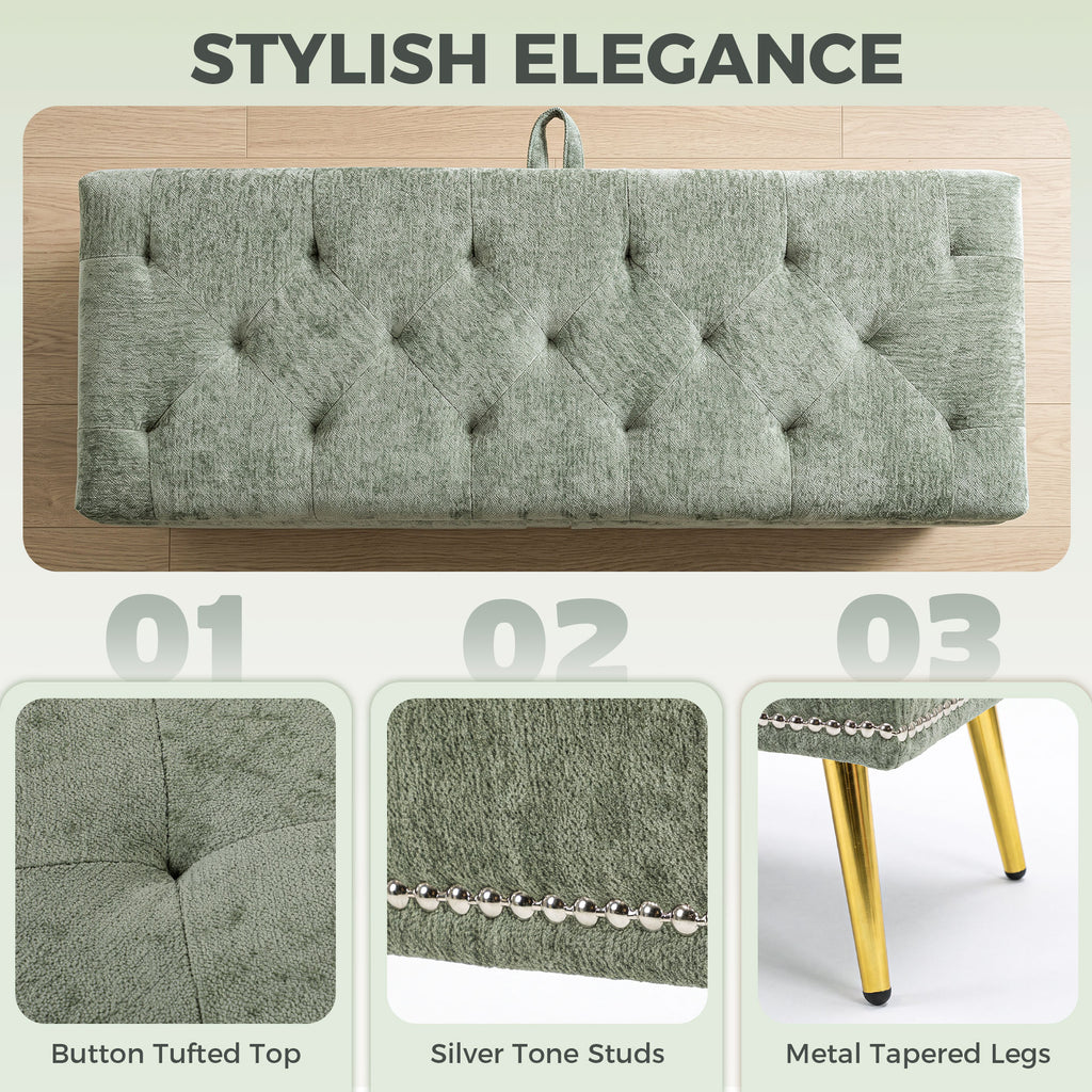 Storage Ottoman, Chenille Upholstered Ottoman Storage Box with Padded Seat, Metal Legs, 114 x 41 x 45 cm, Light Green