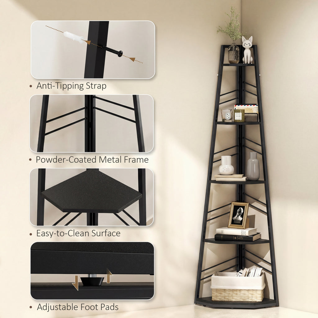 Corner Bookcase, 5-Tier Floor Standing Bookshelf, Shelving Unit for Living Room, Study, Bedroom, Black