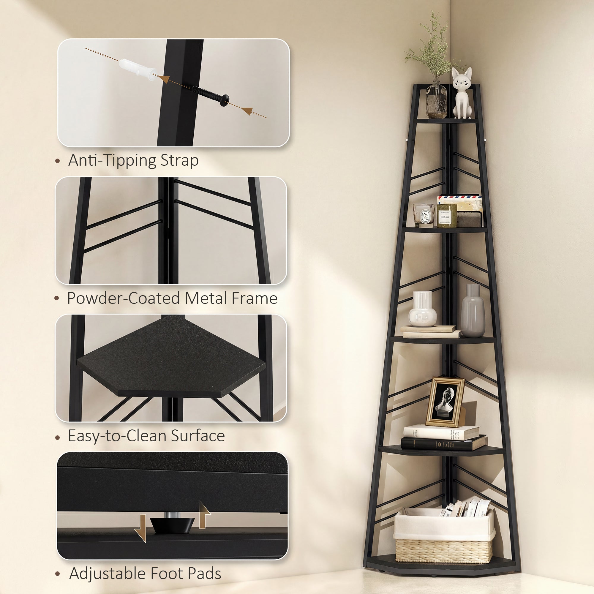 Corner Bookcase, 5-Tier Floor Standing Bookshelf, Shelving Unit for Living Room, Study, Bedroom, Black