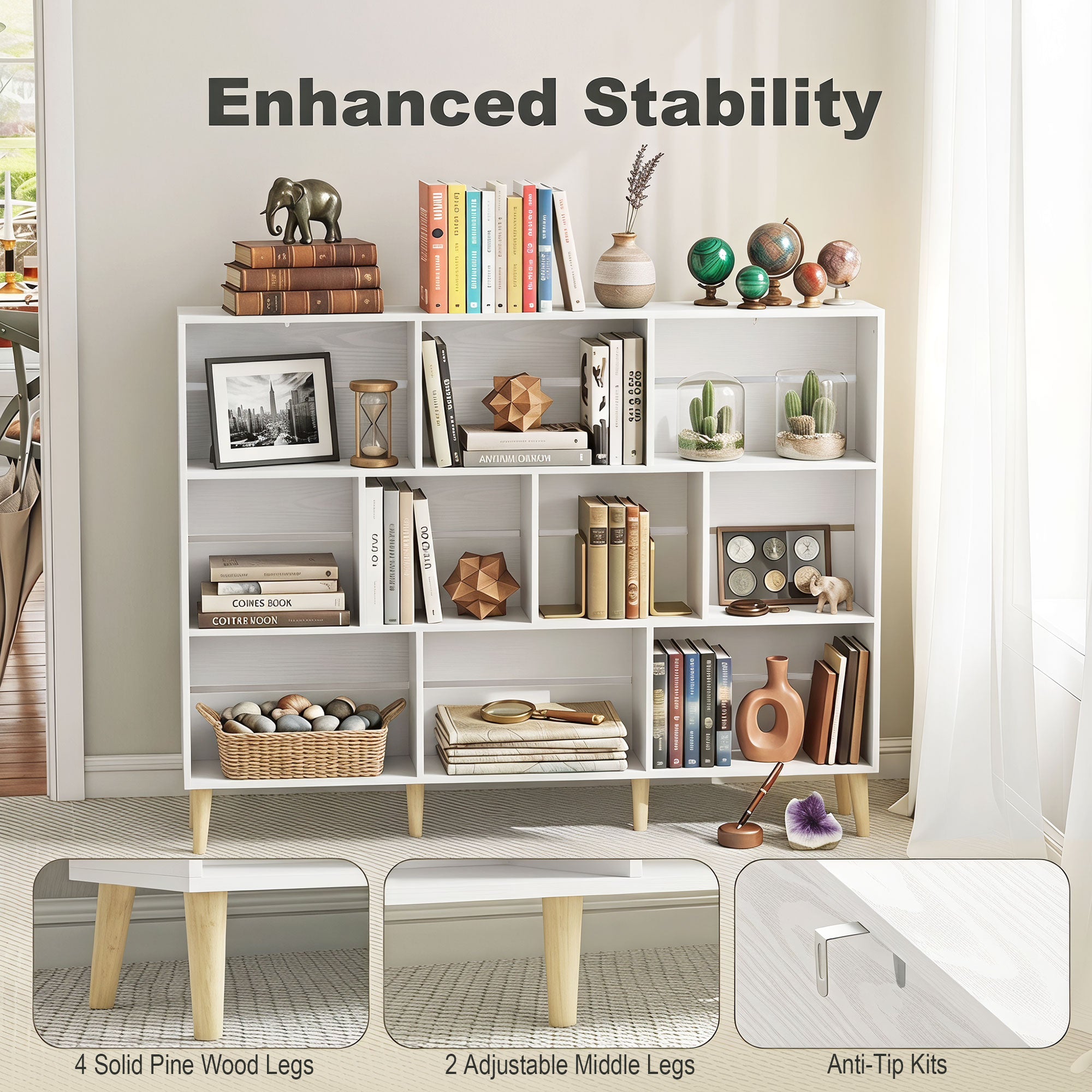 10-Cube Bookcase, 3-Tier Book Shelf with Solid Wood Legs, 140 cm Modern Bookshelf with Anti-Tip Kit for Bedroom, White
