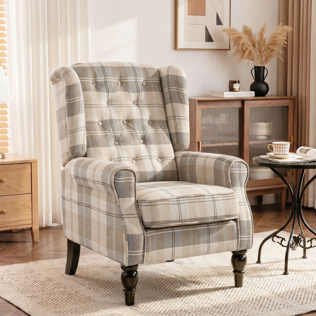 Wingback Accent Chair, Linen-Look Fabric Armchair with Thick Spring Cushion, High Back, Khaki Plaid
