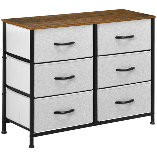Grey industrial fabric chest of drawers with six drawers, steel frame and wood-effect top
