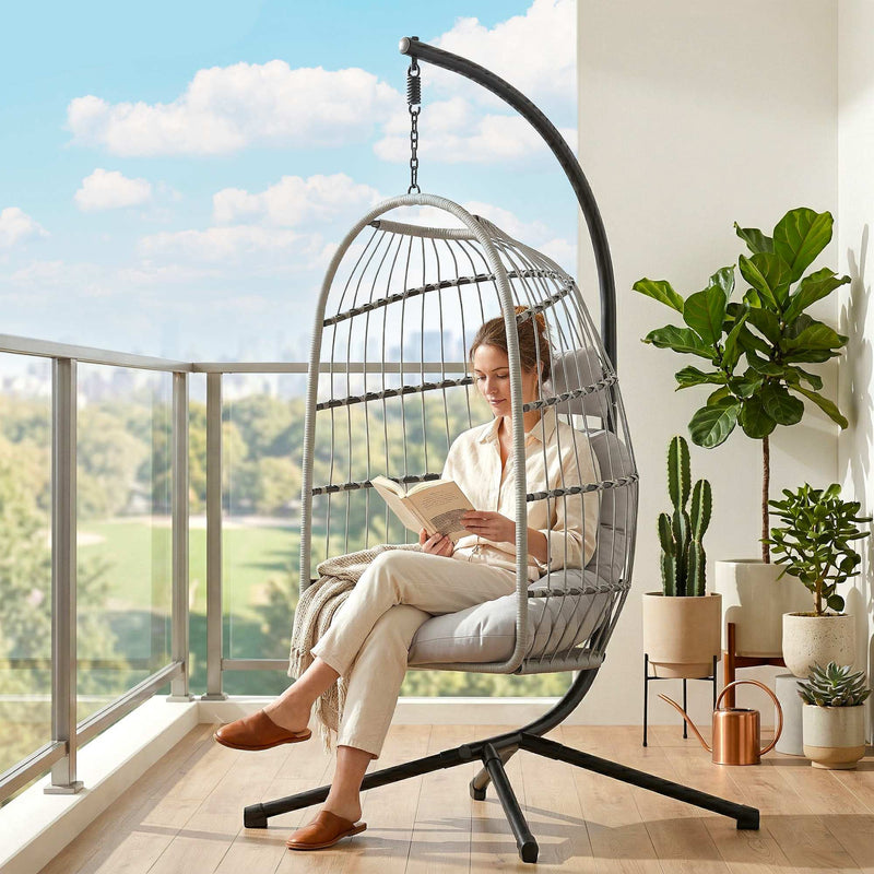 Outsunny Hanging Egg Chair, Indoor Outdoor Hammock Swing Chair with Stand, Safety Strap, Foldable Basket, Light Grey – view 9