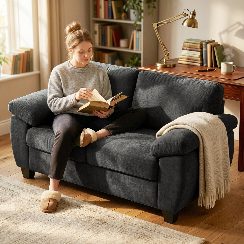 2 Seater Sofa, 156cm Chenille Loveseat Sofa, Dark Grey