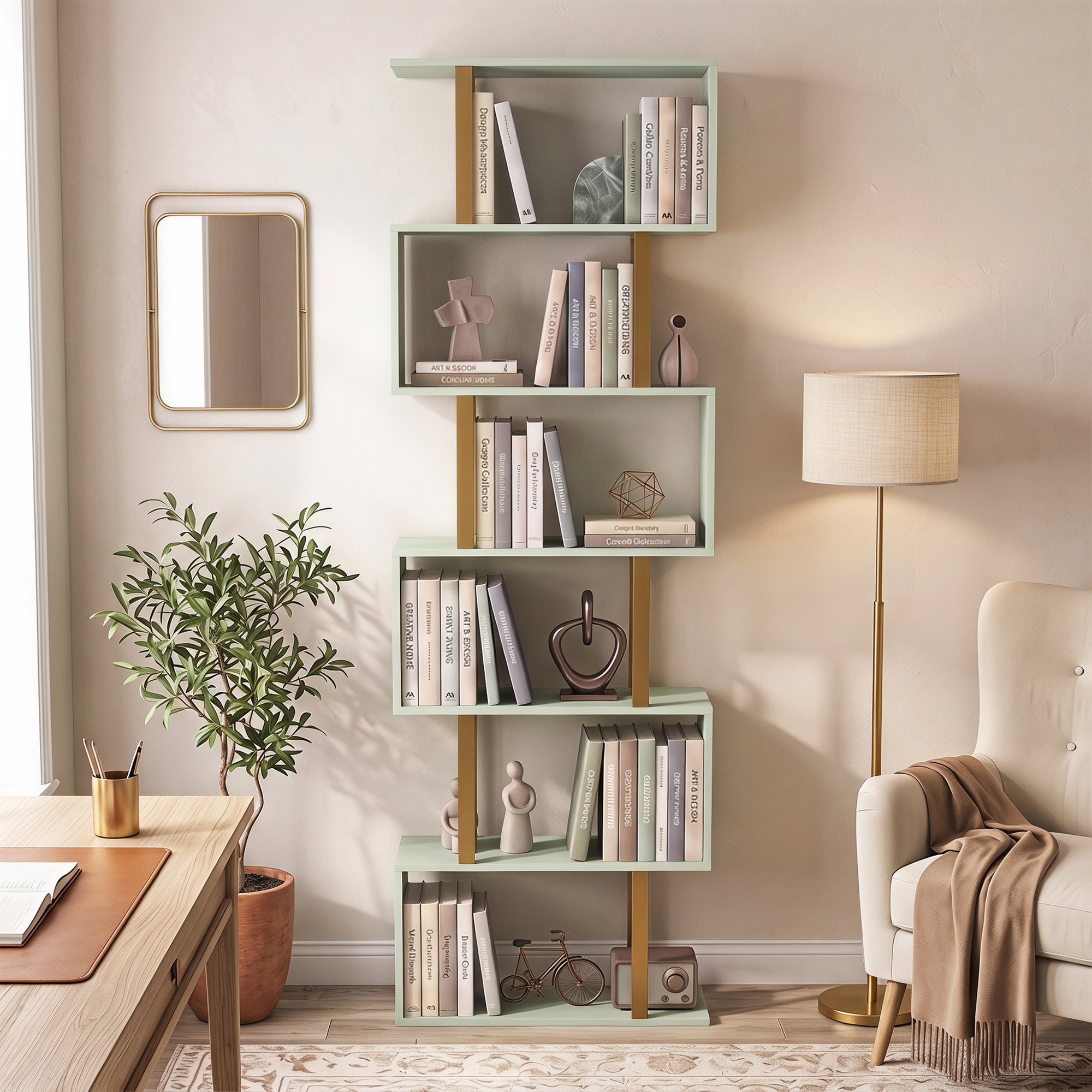 S-Shaped Bookshelf, 6-Tier Bookcase, Freestanding Storage Shelves with Anti-Tip Strap, Light Green