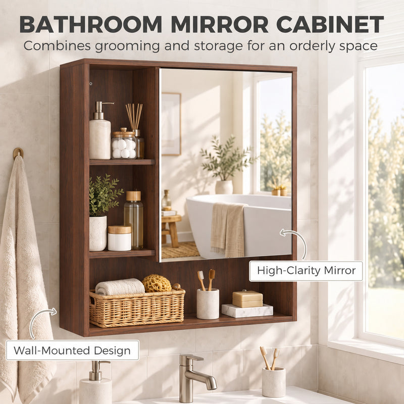 HOMCOM Bathroom Mirror Cabinet, Wall-Mounted Bathroom Cabinet with Mirror Door, Adjustable Shelves, Walnut Brown – view 4