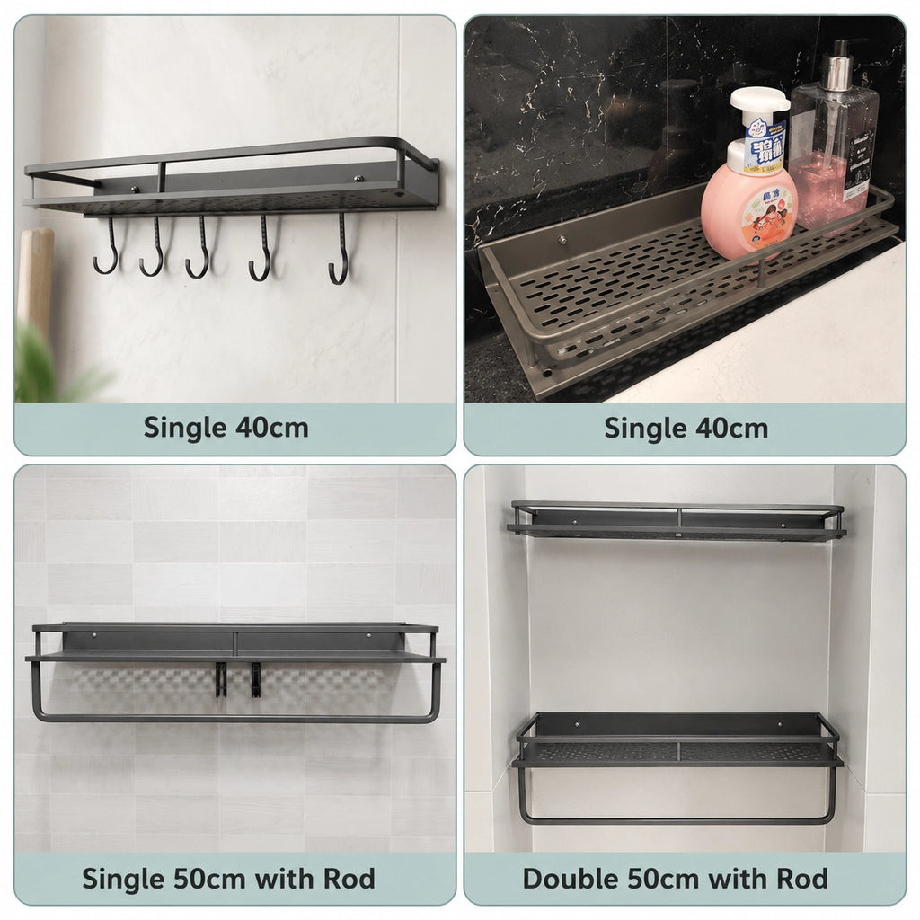 Wall-Mounted Kitchen Rack | Aluminium Storage Shelf with Hooks