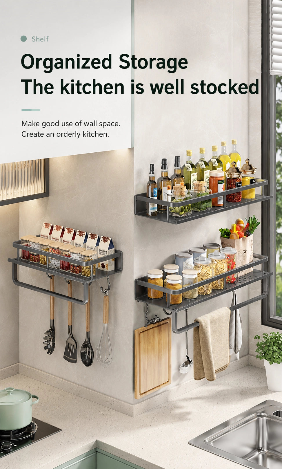 Wall-Mounted Kitchen Rack | Aluminium Storage Shelf with Hooks