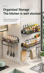 Wall-Mounted Kitchen Rack | Aluminium Storage Shelf with Hooks