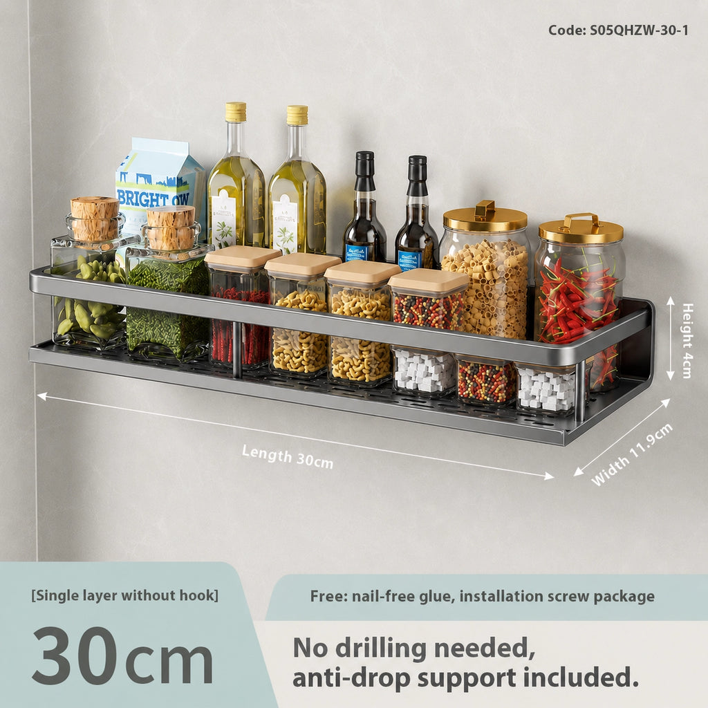 Wall-Mounted Kitchen Rack | Aluminium Storage Shelf with Hooks