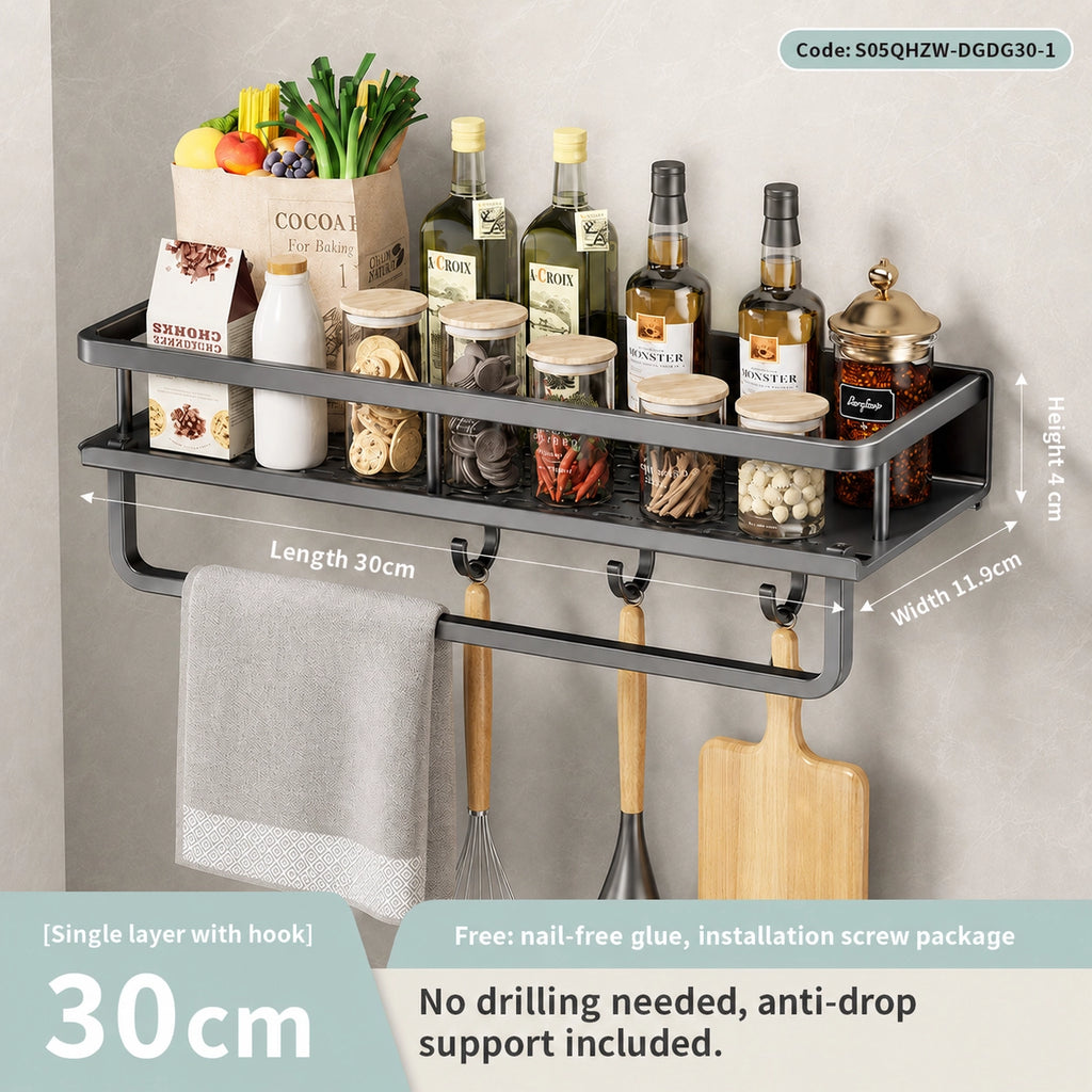Wall-Mounted Kitchen Rack | Aluminium Storage Shelf with Hooks