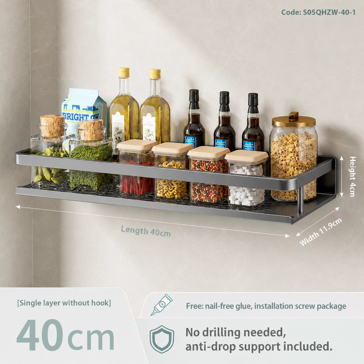 Wall-Mounted Kitchen Rack | Aluminium Storage Shelf with Hooks