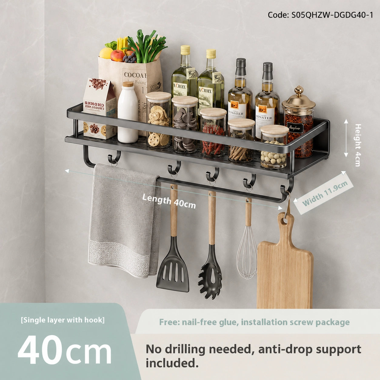 Wall-Mounted Kitchen Rack | Aluminium Storage Shelf with Hooks