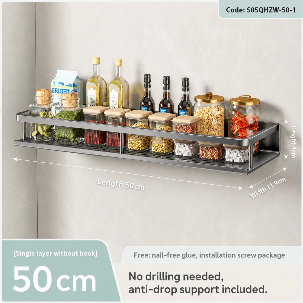 Wall-Mounted Kitchen Rack | Aluminium Storage Shelf with Hooks