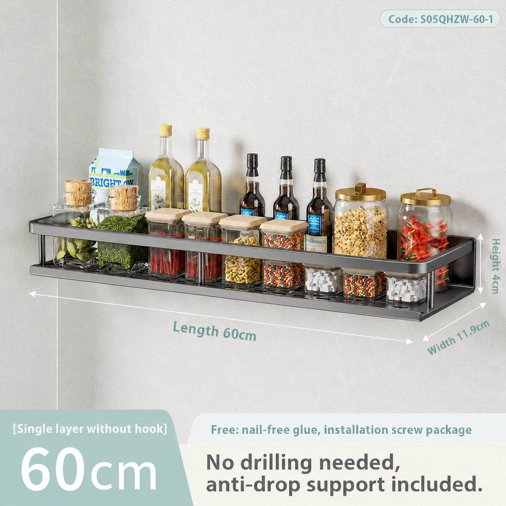 Wall-Mounted Kitchen Rack | Aluminium Storage Shelf with Hooks