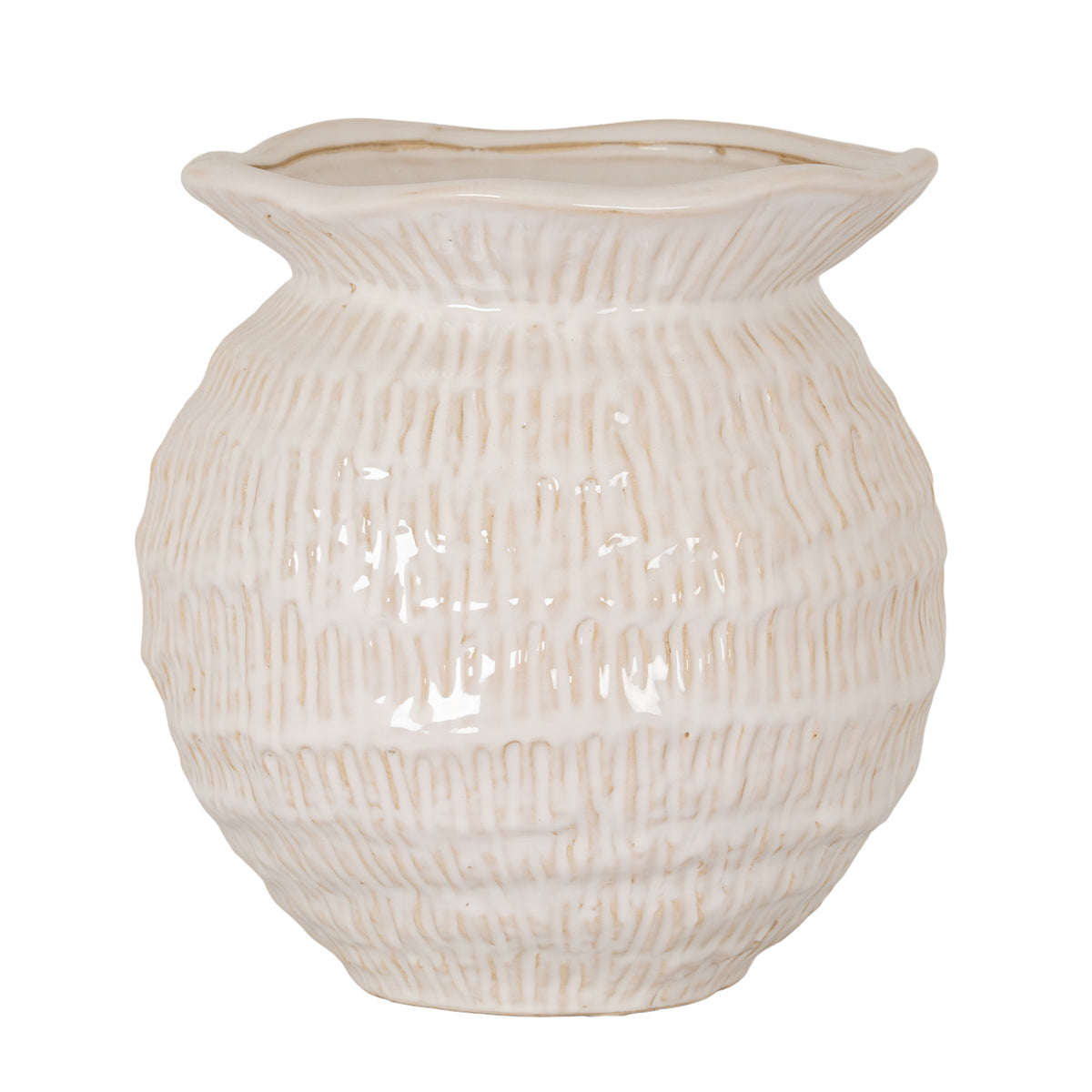 Wavy rim medium round cream vase, front view