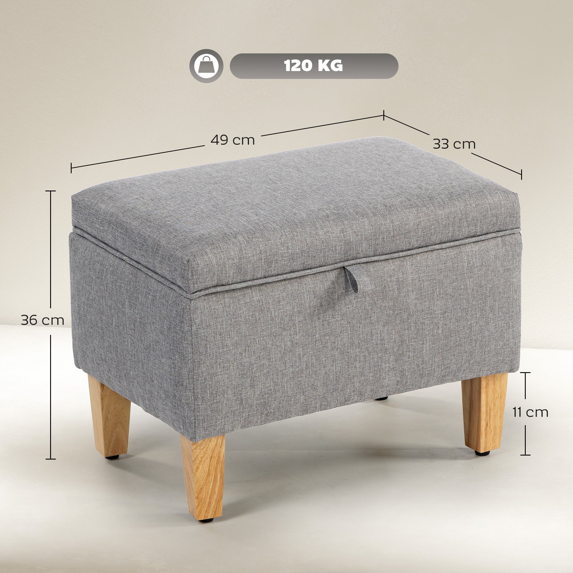 16L Linen Storage Ottoman Padded Footstool with Rubberwood Legs for Storage Box, Bed End, Shoe Bench, Seating, Light Grey